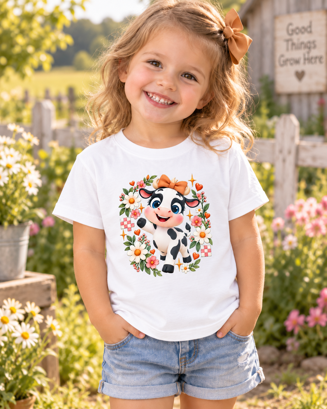 Camiseta para Niña, La Vaquita, Estilo Floral Coquette, Granja 1 Sunny la Sombrilla Amarilla