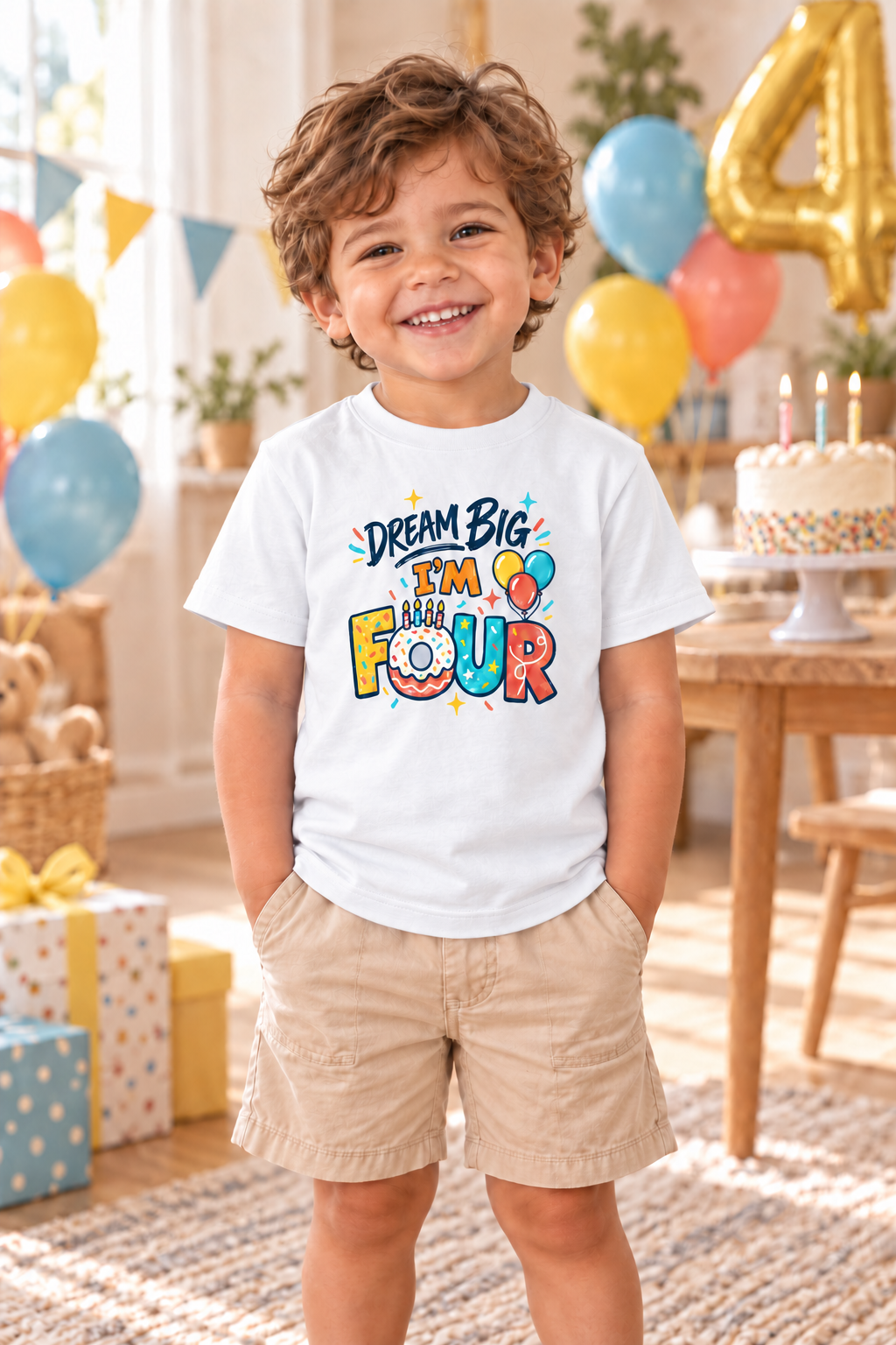 Camiseta Cumpleaños 4 Años , "Dream Big" 1 Sunny la Sombrilla Amarilla