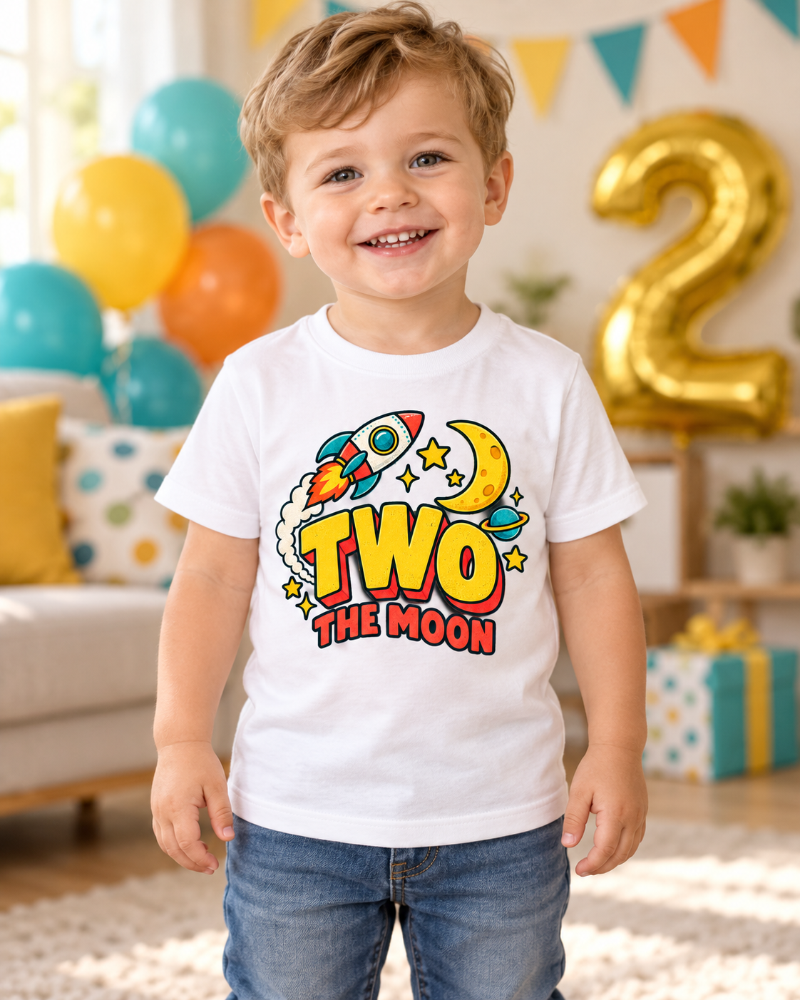 Camiseta Cumpleaños para Niño, Tema Espacial, "Two the Moon" 1 Sunny la Sombrilla Amarilla