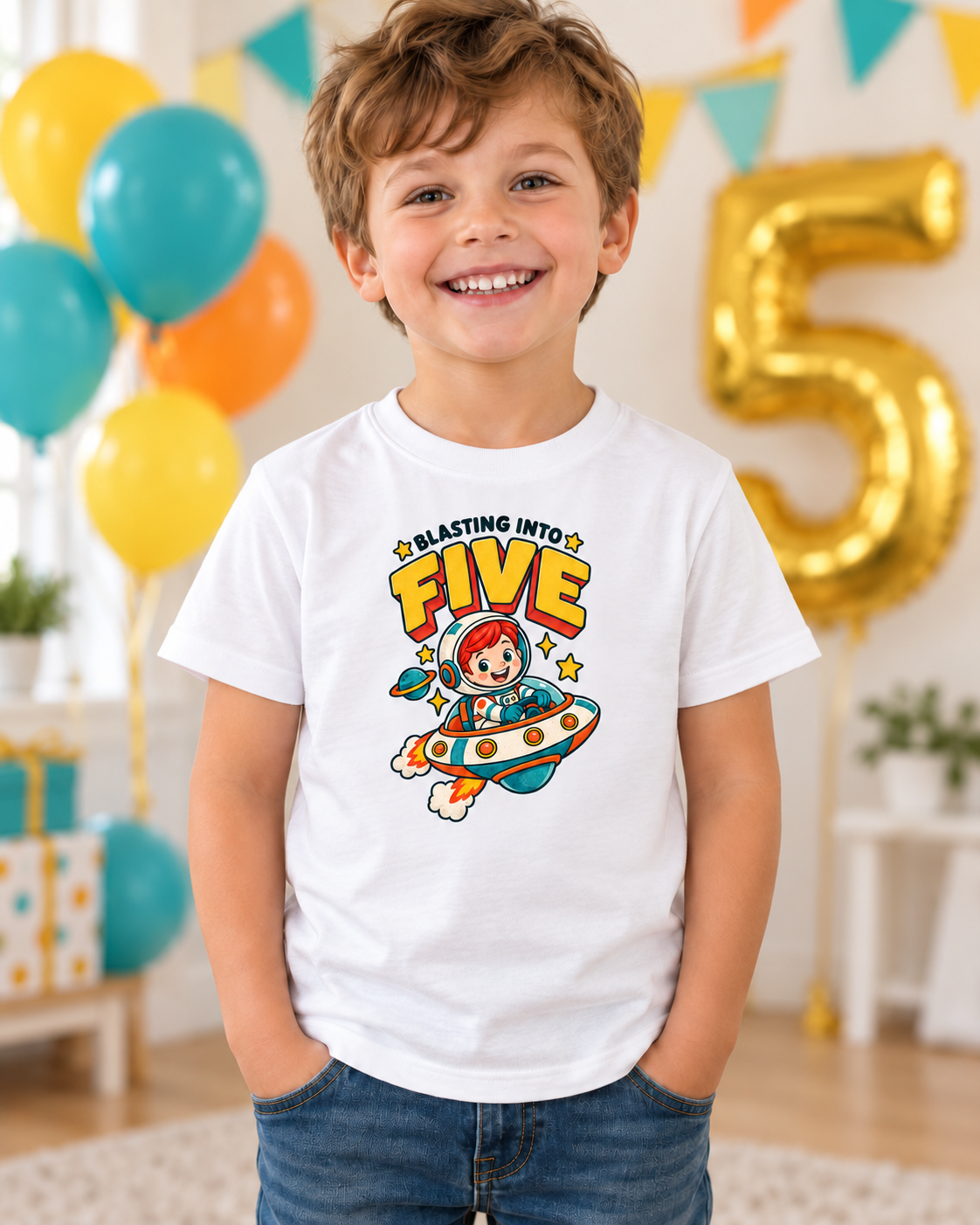 Camiseta Cumpleaños 5 Años Niño - Kiko, Astronauta, Tema Espacial 1 Sunny la Sombrilla Amarilla
