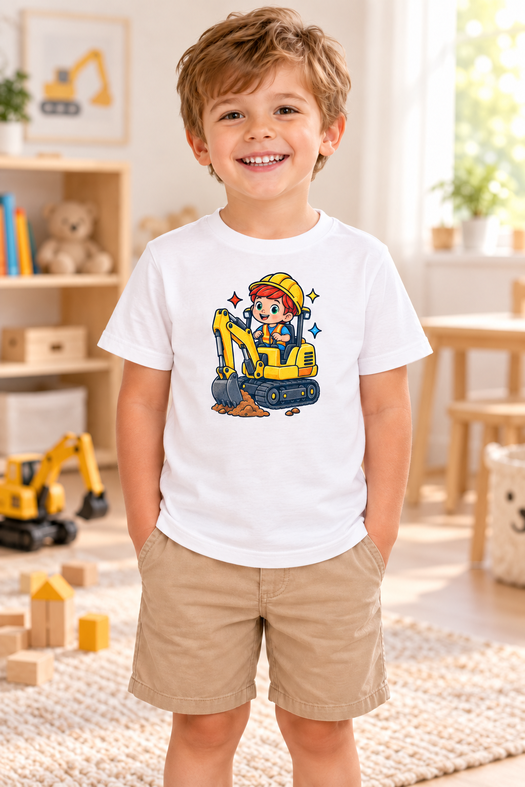 Camiseta de Excavadora para Niño, Kiko, Pequeños Constructores 1 Sunny la Sombrilla Amarilla