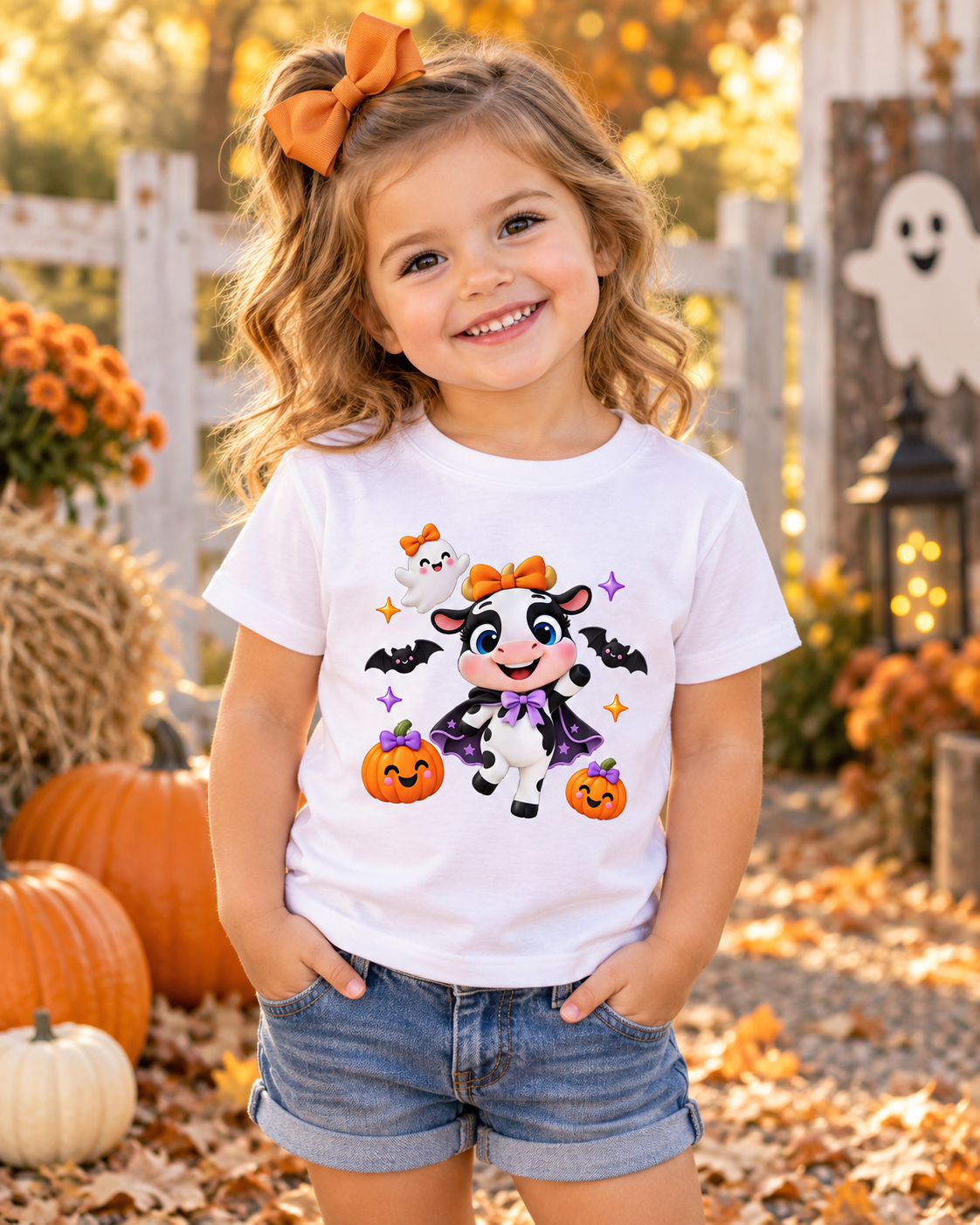 Camiseta de Halloween para Niña, La Vaquita Bruja, Estilo Granja 1 Sunny la Sombrilla Amarilla