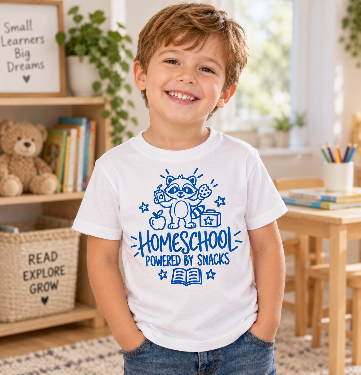 Camiseta Homeschool para Niño, Mapache, "Powered by Snacks", Regalo Regreso a Clases 1 Sunny la Sombrilla Amarilla