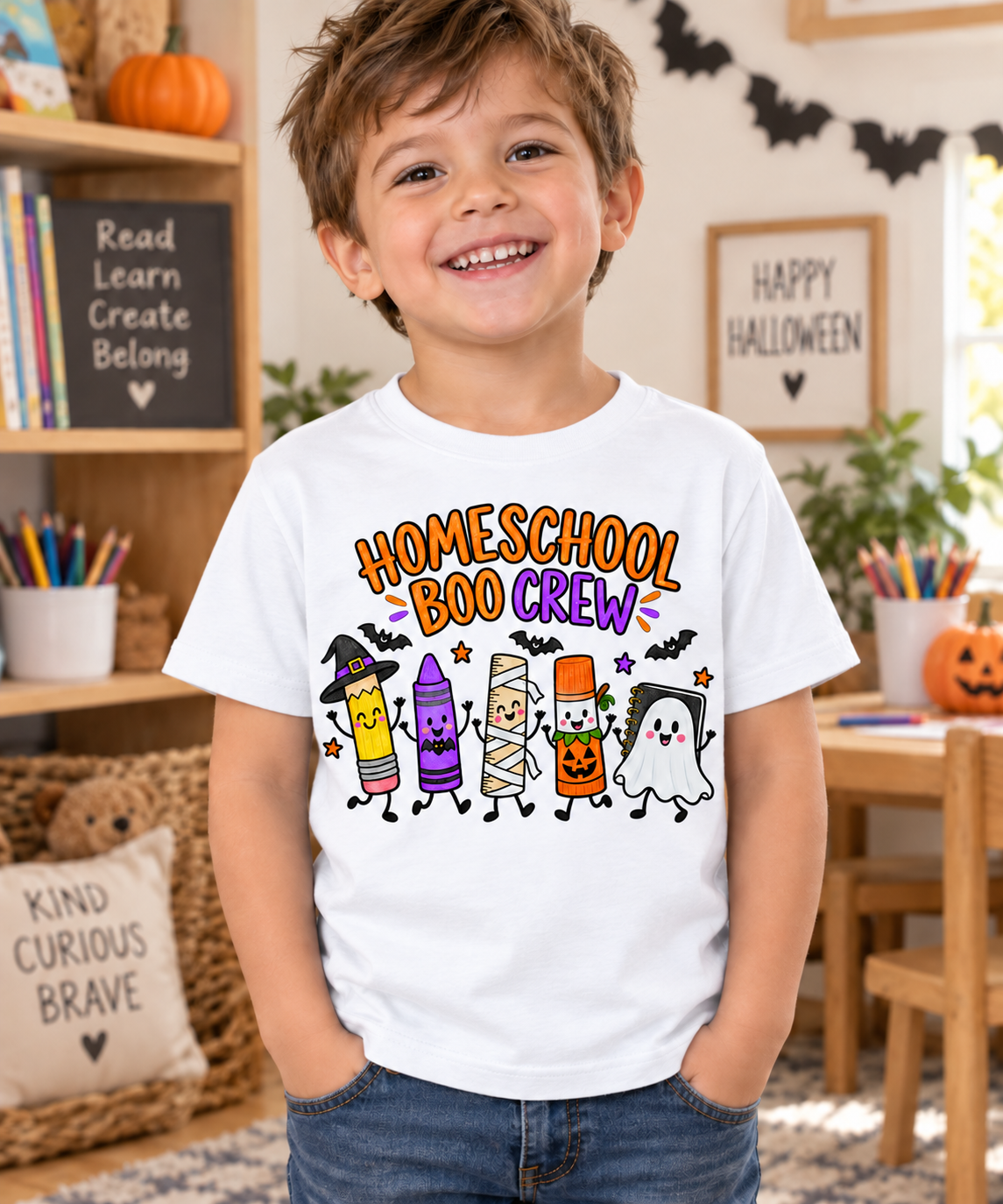 Camiseta de Halloween Homeschool para Niño, "Boo Crew" Útiles Escolares 1 Sunny la Sombrilla Amarilla
