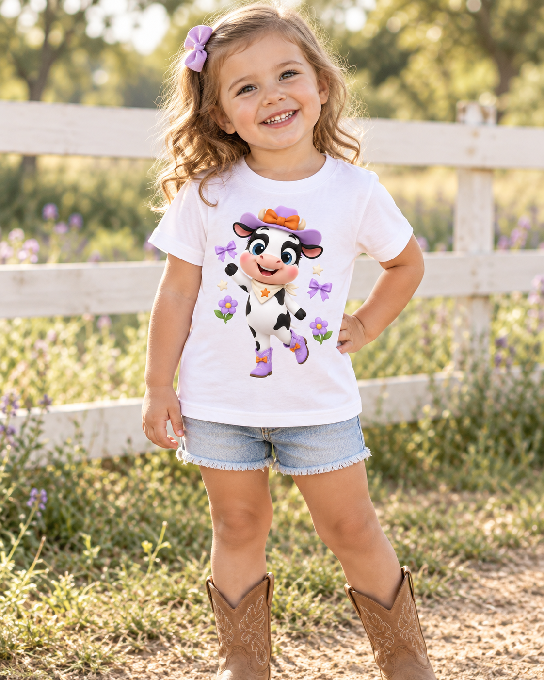 Camiseta Vaquerita para Niña, La Vaquita, Estilo Western Morado 1 Sunny la Sombrilla Amarilla