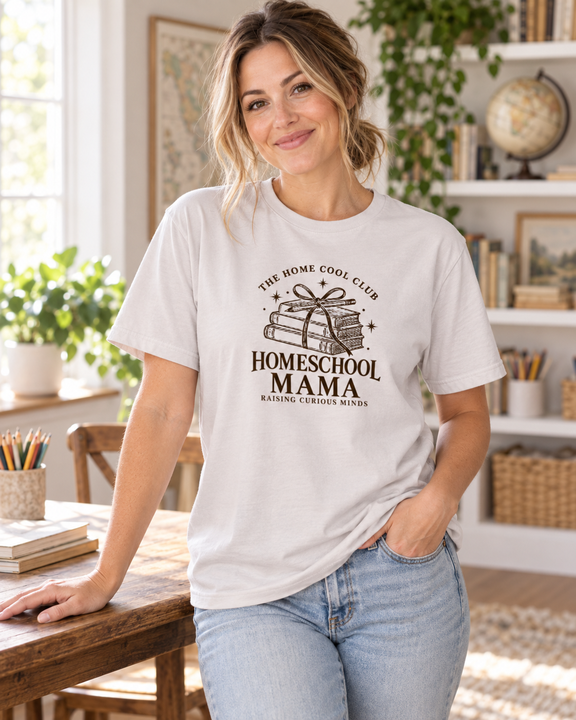 Camiseta Homeschool para Mamá, Educadora en Casa, "Criando Mentes Curiosas", Gris Claro 1 Sunny la Sombrilla Amarilla