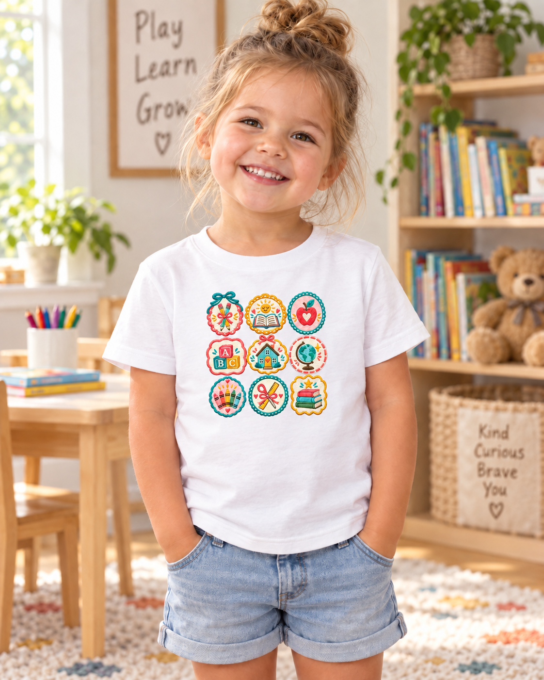 Camiseta Homeschool para Niña, Diseño con Efecto Bordado, Tallas 2T–5T 1 Sunny la Sombrilla Amarilla