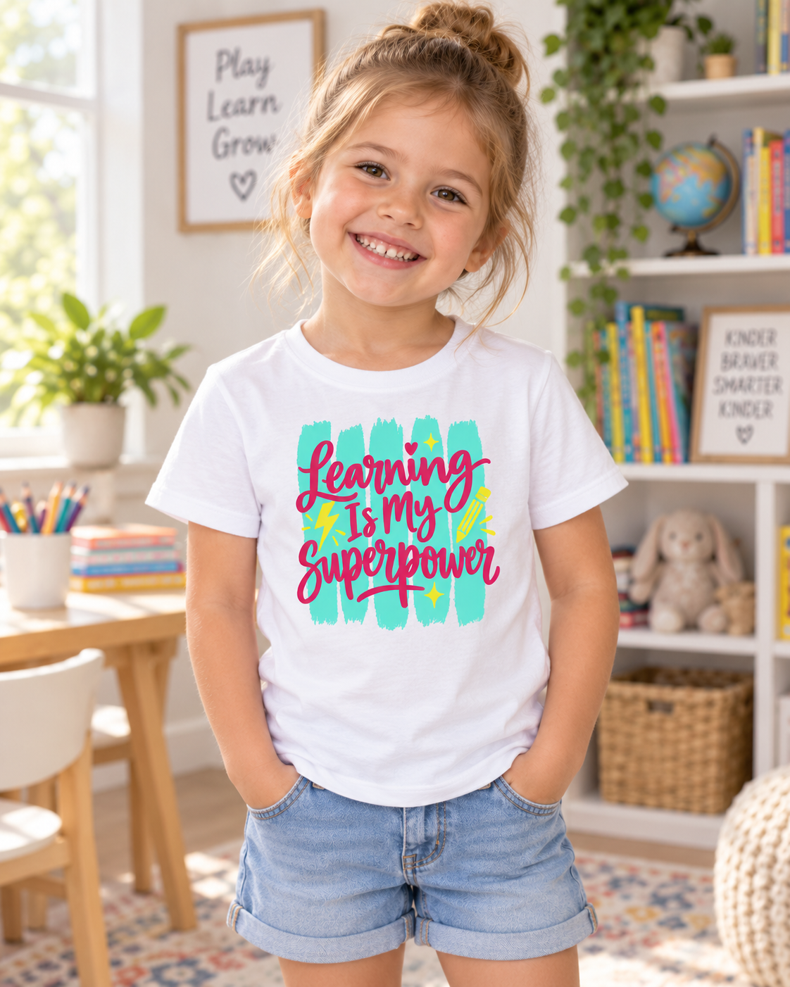 Camiseta Homeschool para Niña, "Aprender Es Mi Superpoder" 1 Sunny la Sombrilla Amarilla
