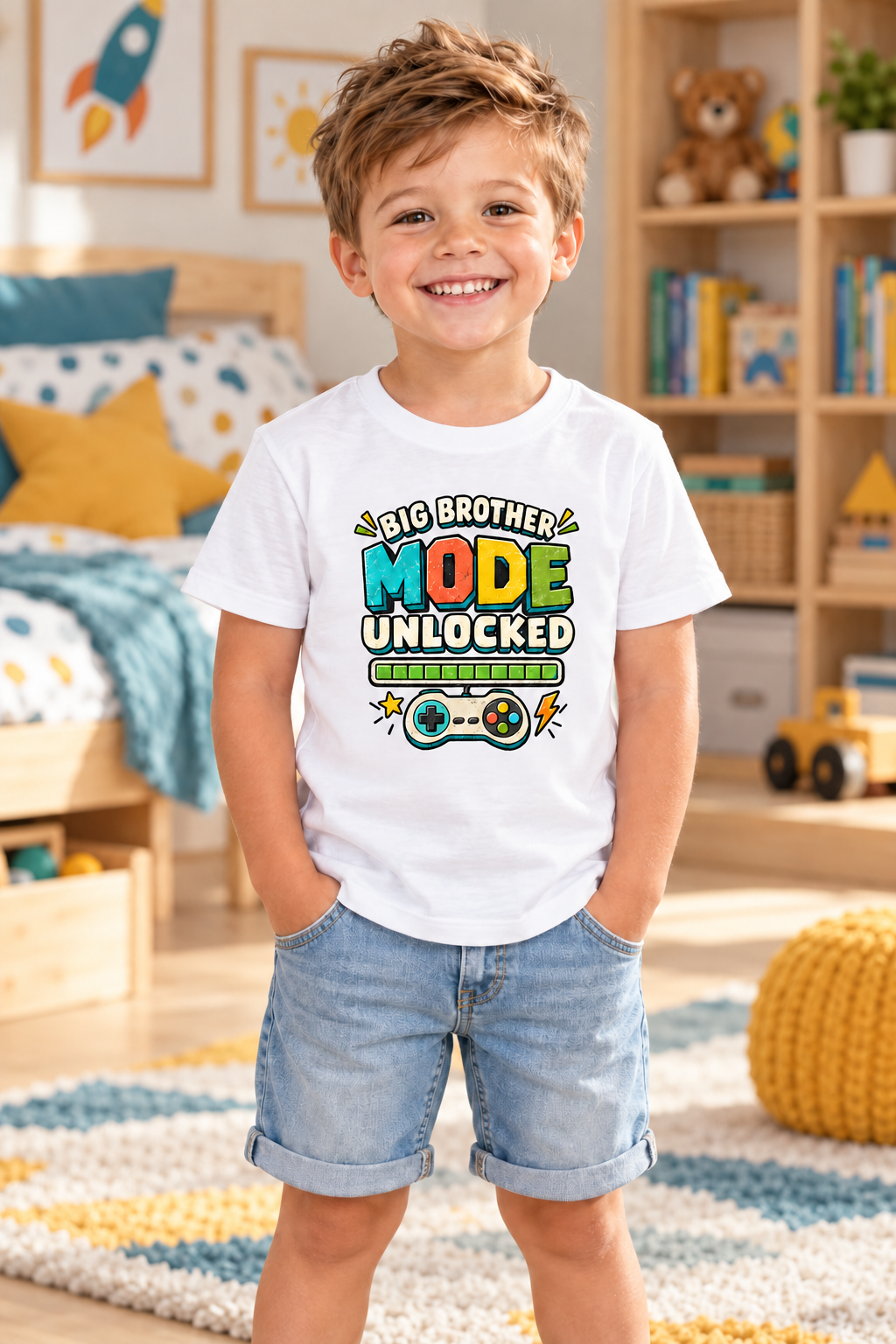 Camiseta para Niño, Hermano Mayor, Modo Gamer Activado 1 Sunny la Sombrilla Amarilla