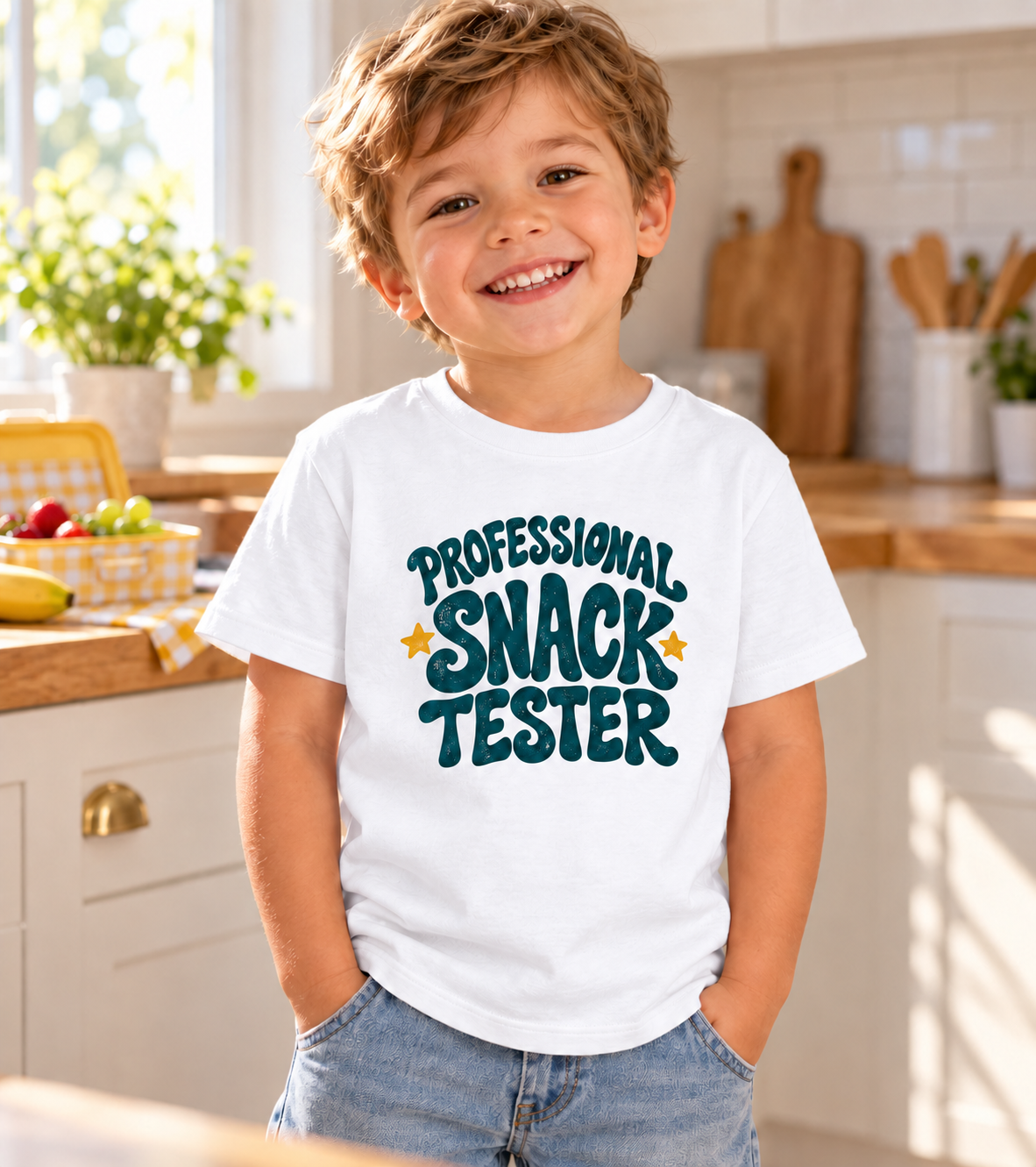 Camiseta Divertida para Niño, "Catador Profesional de Snacks" 1 Sunny la Sombrilla Amarilla