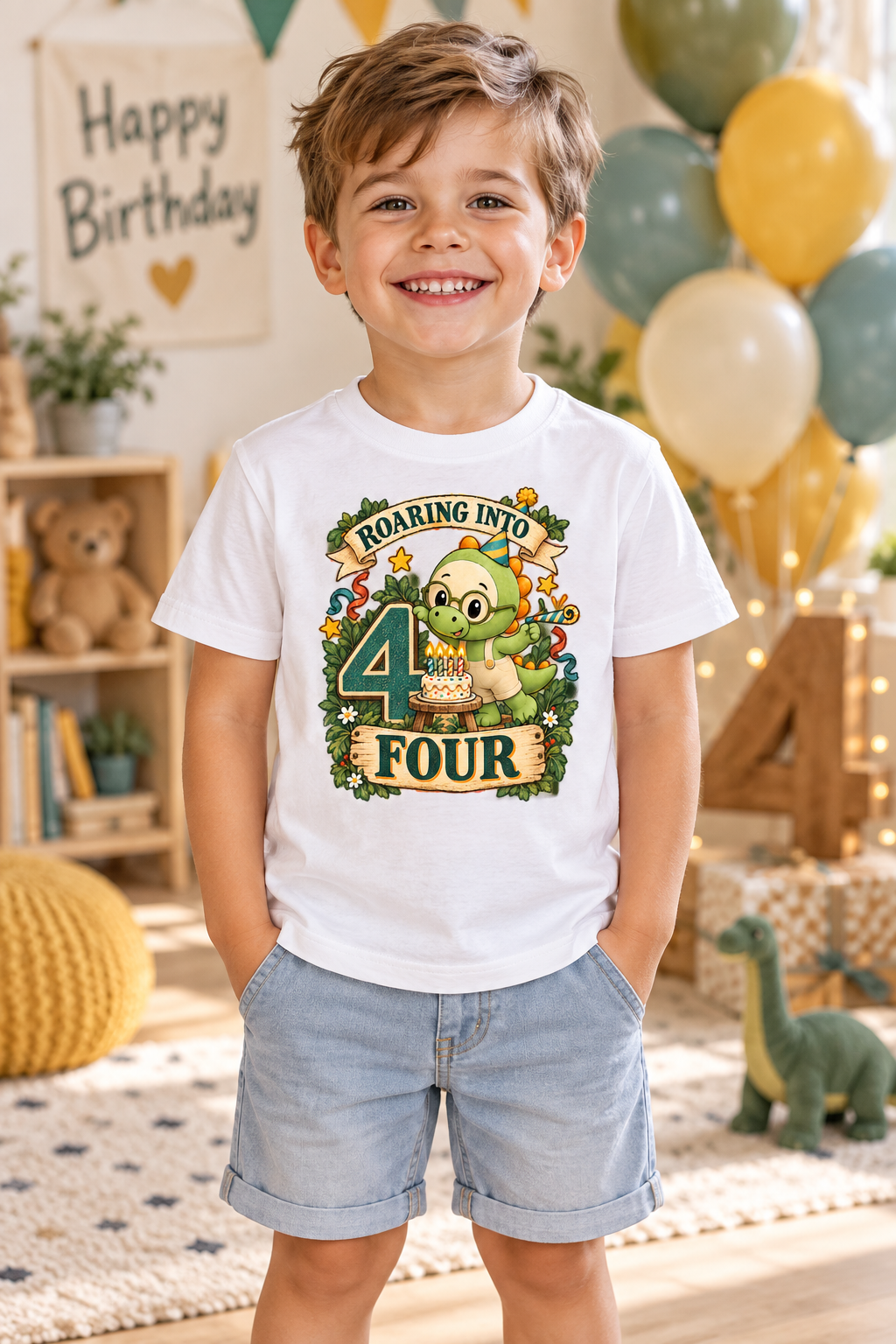 Camiseta de Cumpleaños para Niño de 4 Años, Roco el Dinosaurio, Diseño Vintage, Talla 4T 1 Sunny la Sombrilla Amarilla