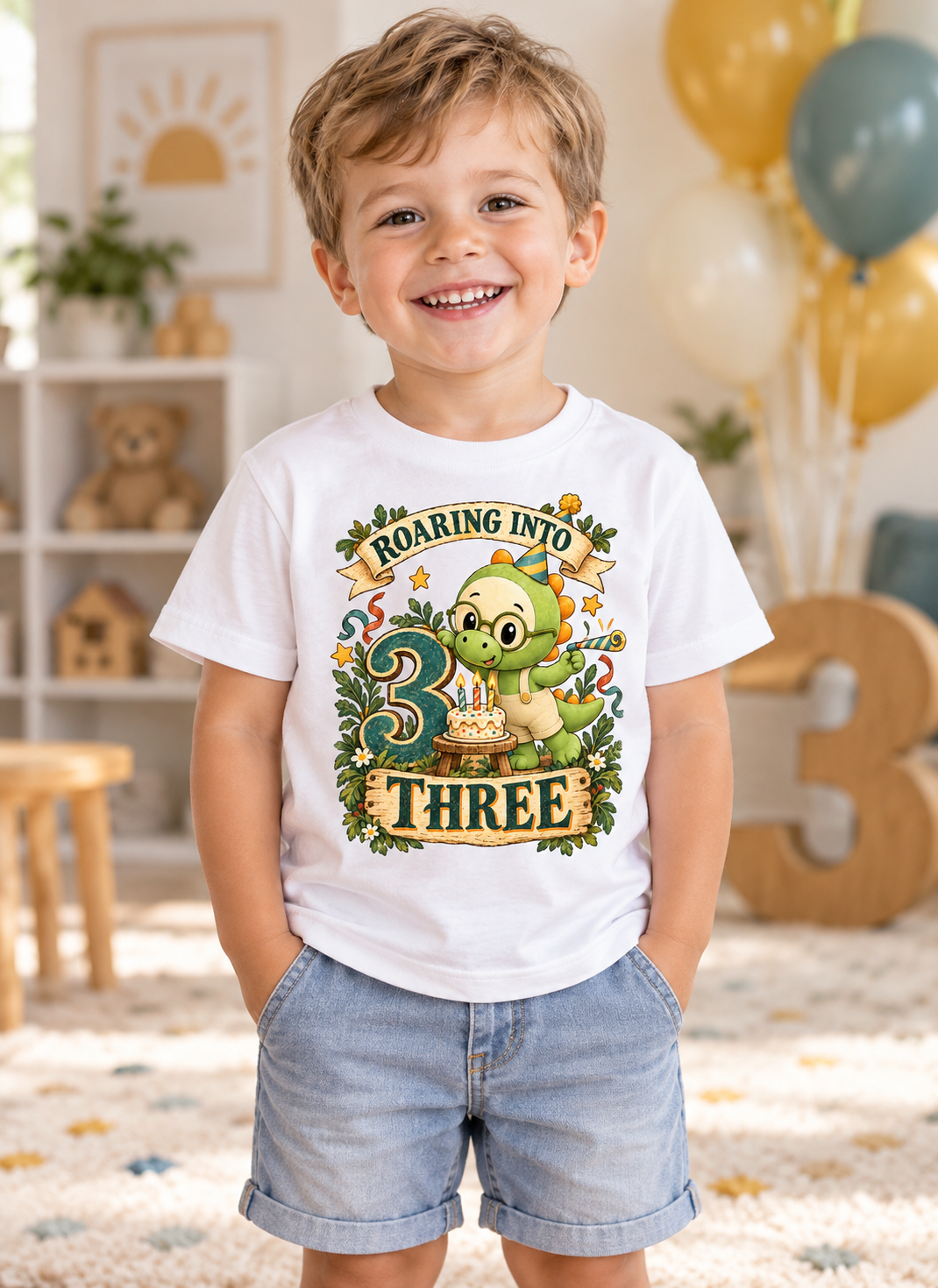 Camiseta de Cumpleaños para Niño de 3 Años, Roco el Dinosaurio, Diseño Vintage, Talla 3T 1 Sunny la Sombrilla Amarilla