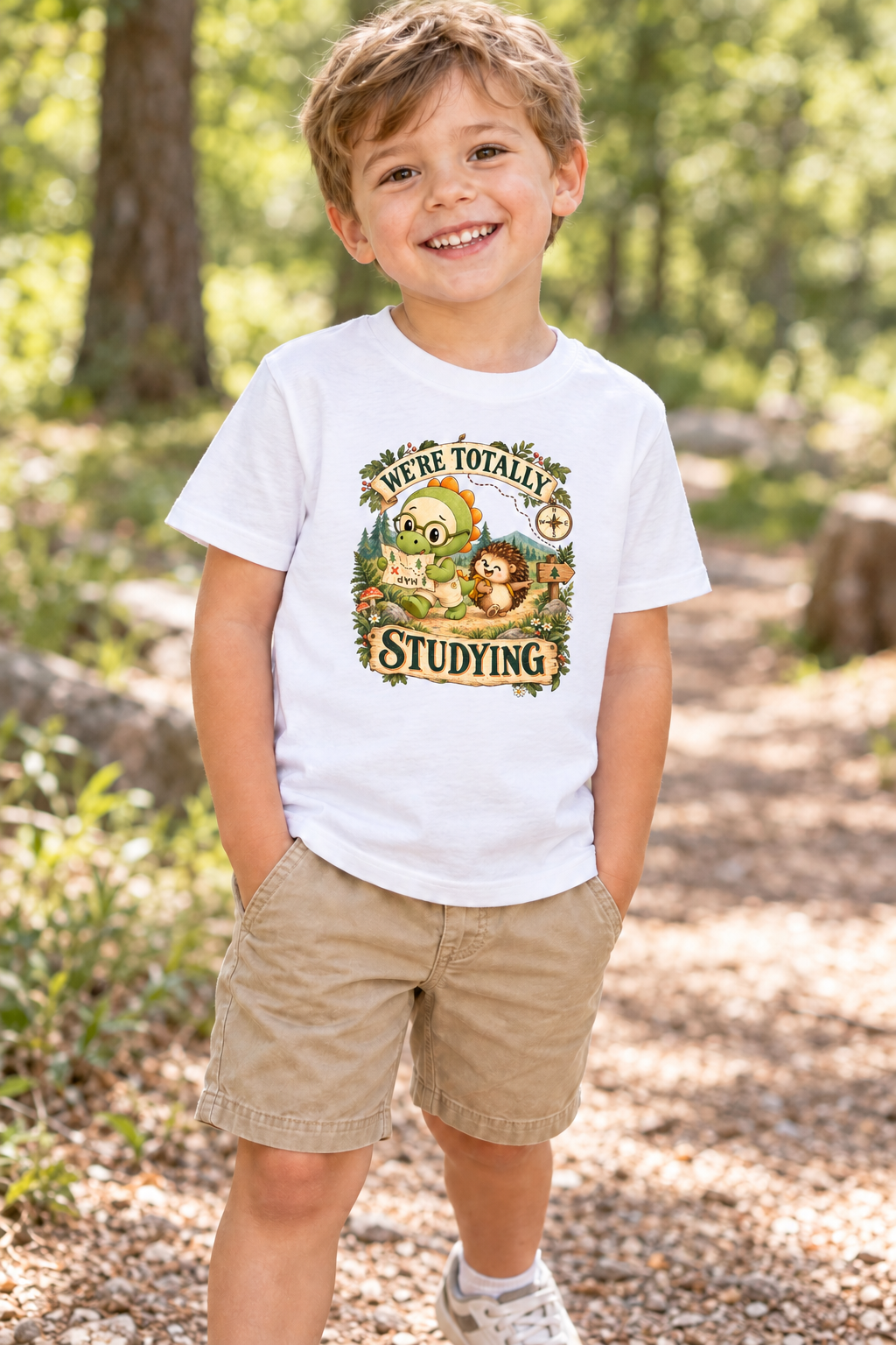 Camiseta de Dinosaurio para Niño, Homeschool y Senderismo, Roco el Dinosaurio 1 Sunny la Sombrilla Amarilla