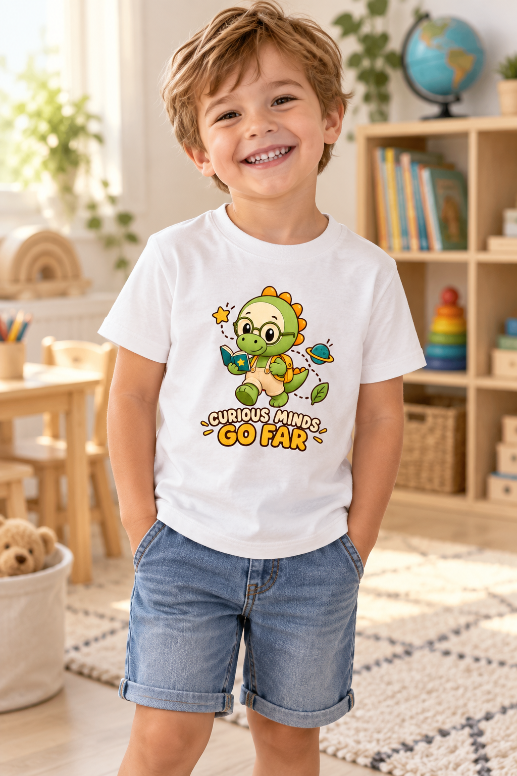 Camiseta de Dinosaurio Explorador para Niño, Aprendizaje y Homeschool, Roco, Tallas 2T–5T 1 Sunny la Sombrilla Amarilla